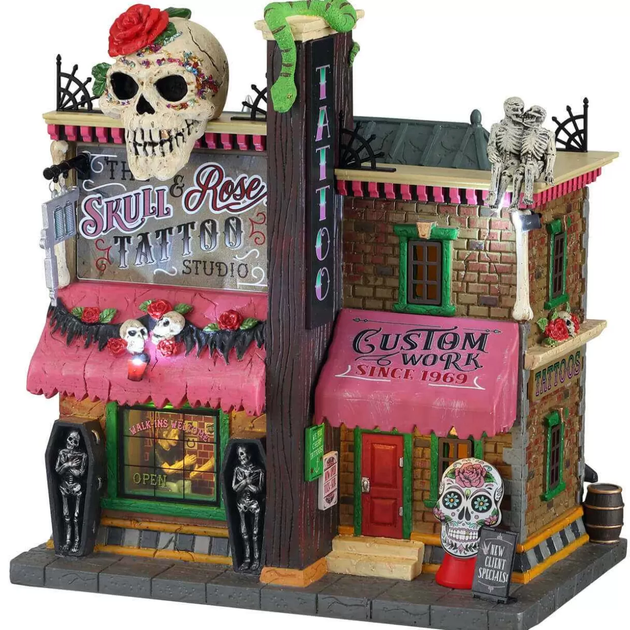 Spooky Town Table Pieces-Lemax 15751 The Skull And Rose Tattoo Studio