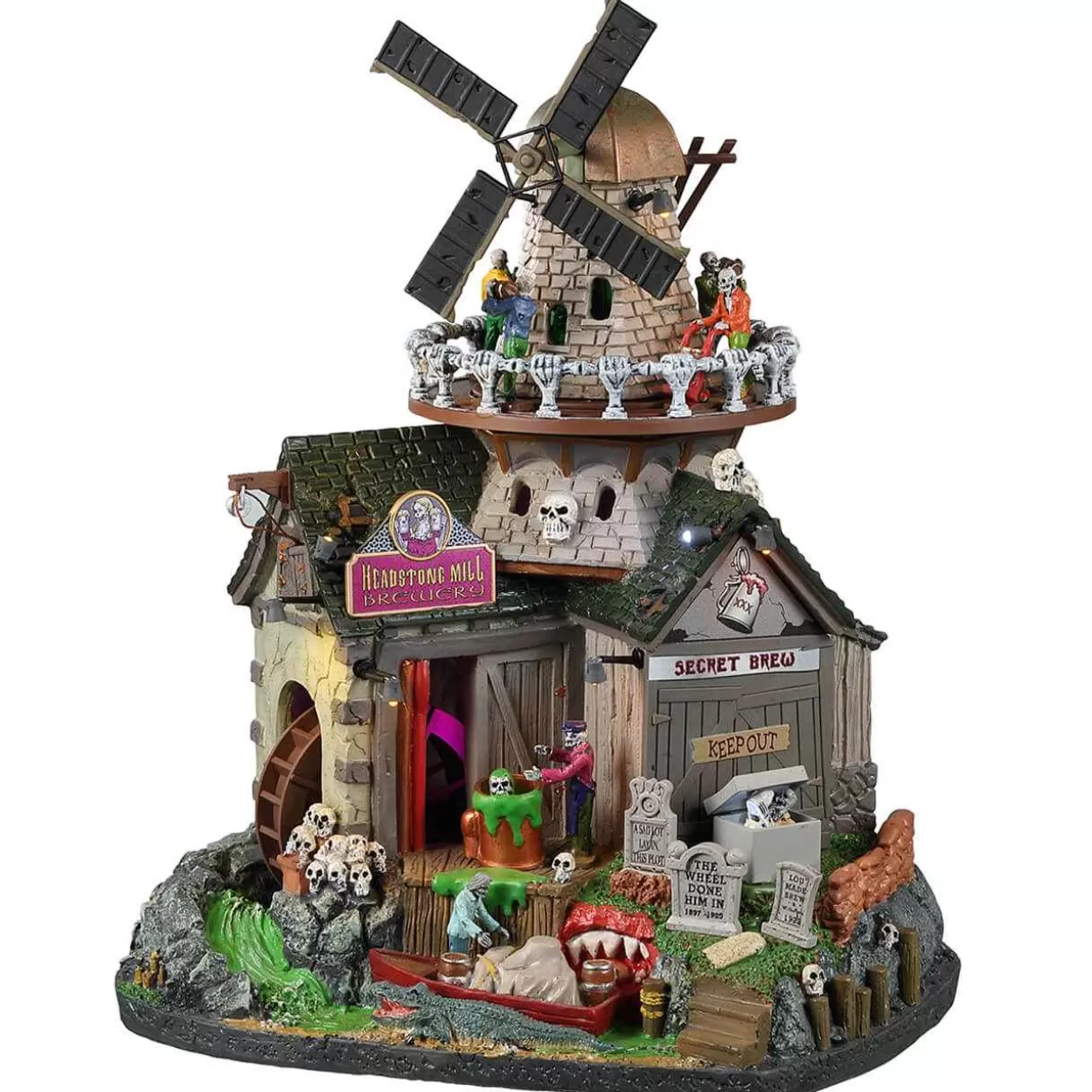 Spooky Town Sights And Sounds-Lemax 25849 Headstone Mill Brewery